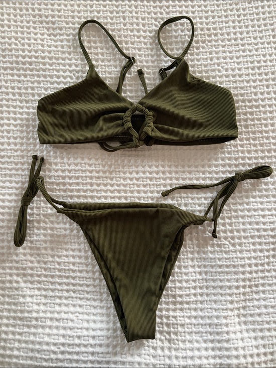 Other - Olive Green Ribbed Tie-Side Bikini Set